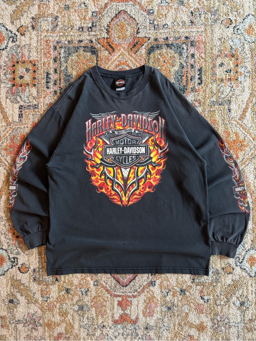Harley-Davidson Black Crewneck Sweater with Red and Orange Flame Graphic